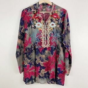 NWT Johnny Was CLARET Small 100% Silk Embroidered Poinsettia Long Sleeve Tunic